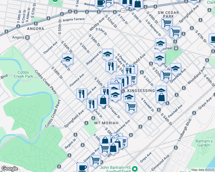 map of restaurants, bars, coffee shops, grocery stores, and more near 1400 South Allison Street in Philadelphia