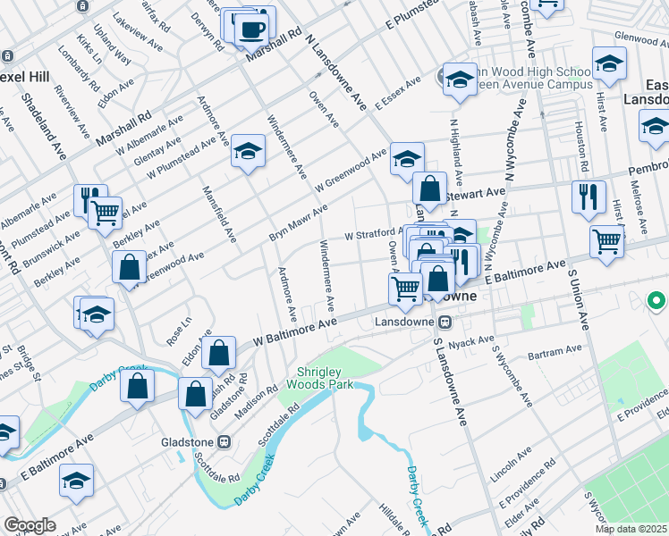 map of restaurants, bars, coffee shops, grocery stores, and more near 50 Windermere Avenue in Lansdowne