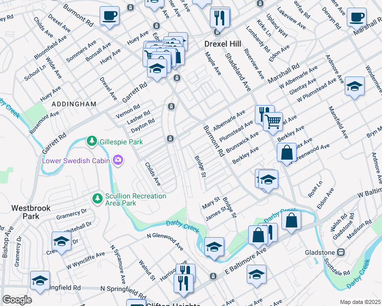 map of restaurants, bars, coffee shops, grocery stores, and more near 248 Blanchard Road in Drexel Hill