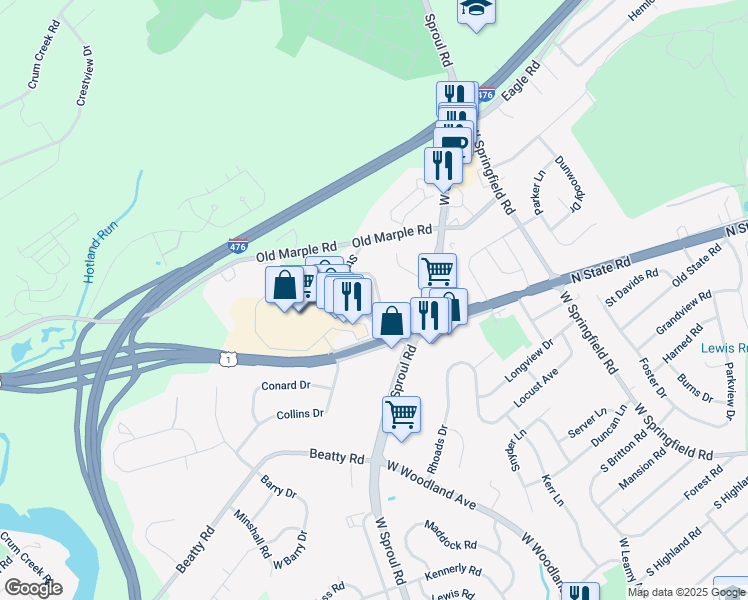 map of restaurants, bars, coffee shops, grocery stores, and more near 11 Stratford Drive in Springfield