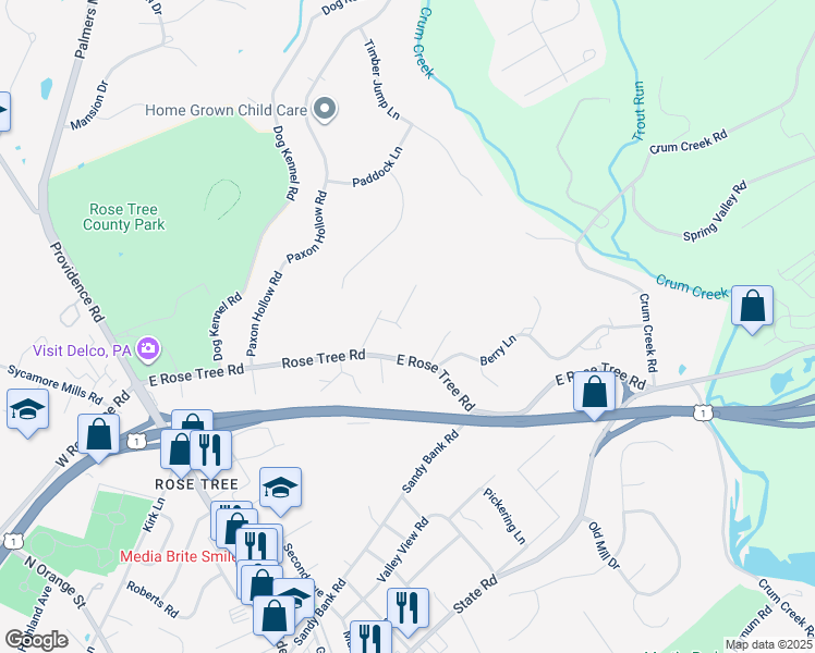 map of restaurants, bars, coffee shops, grocery stores, and more near 1512 Old Orchard Road in Media