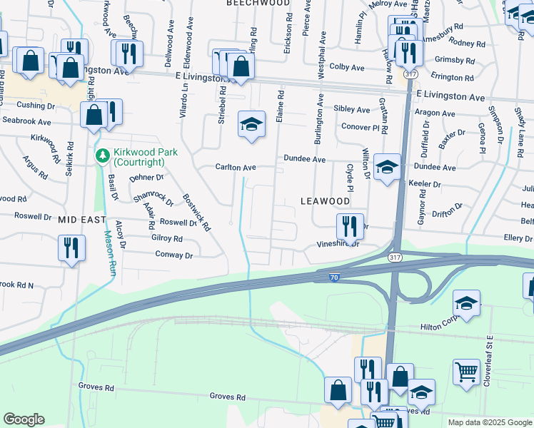 map of restaurants, bars, coffee shops, grocery stores, and more near 1704 Carstare Drive in Columbus