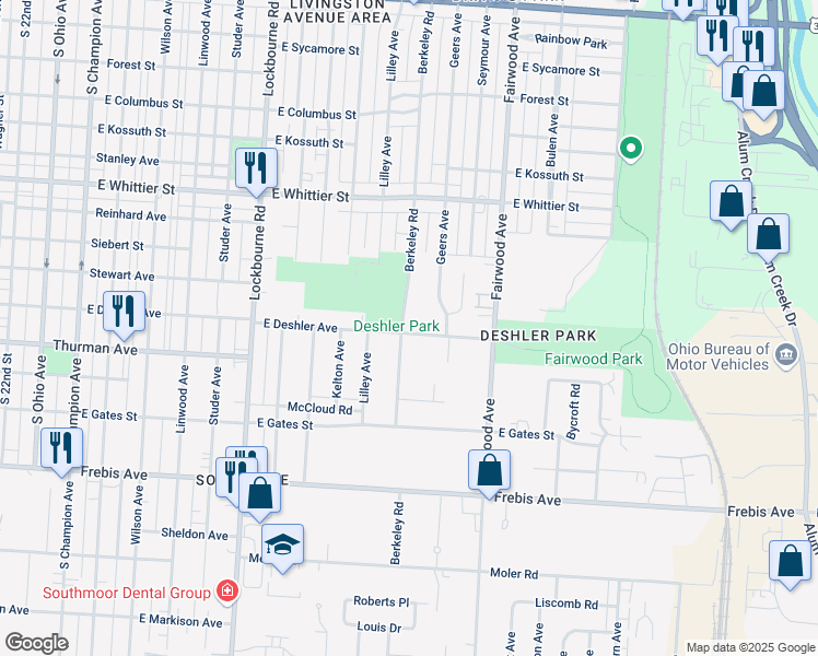 map of restaurants, bars, coffee shops, grocery stores, and more near 1424 East Deshler Avenue in Columbus