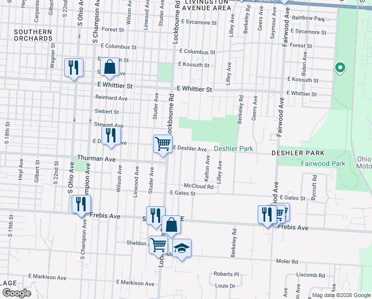 map of restaurants, bars, coffee shops, grocery stores, and more near 1265 East Deshler Avenue in Columbus