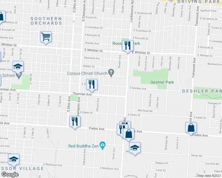 map of restaurants, bars, coffee shops, grocery stores, and more near 1298 Linwood Avenue in Columbus