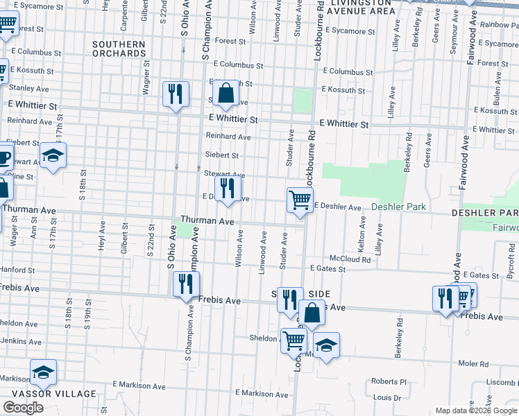 map of restaurants, bars, coffee shops, grocery stores, and more near 1298 Linwood Avenue in Columbus