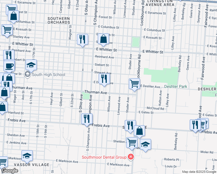 map of restaurants, bars, coffee shops, grocery stores, and more near 1286 Wilson Avenue in Columbus