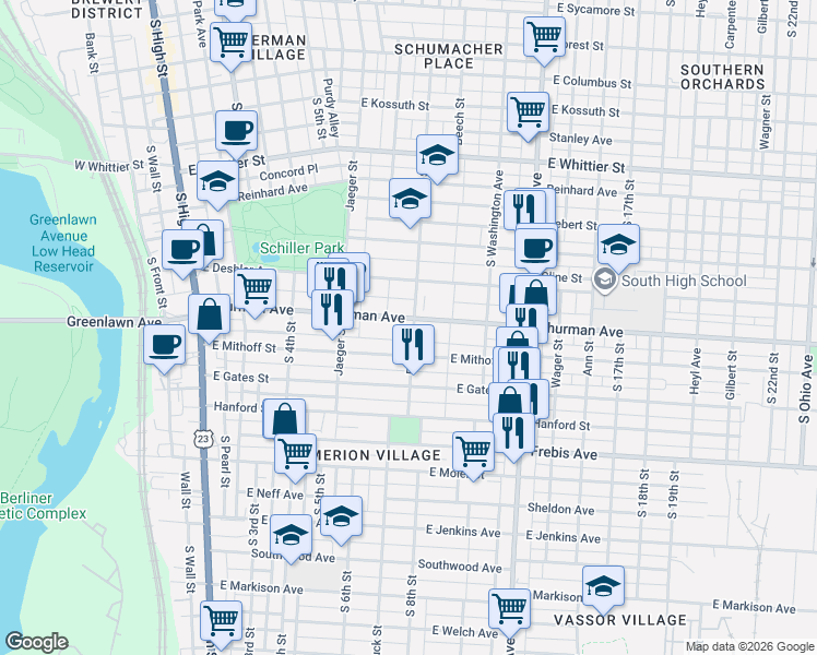map of restaurants, bars, coffee shops, grocery stores, and more near 319 Thurman Avenue in Columbus