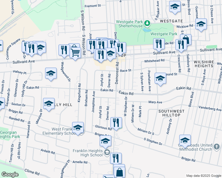 map of restaurants, bars, coffee shops, grocery stores, and more near 3483 Eakin Road in Columbus