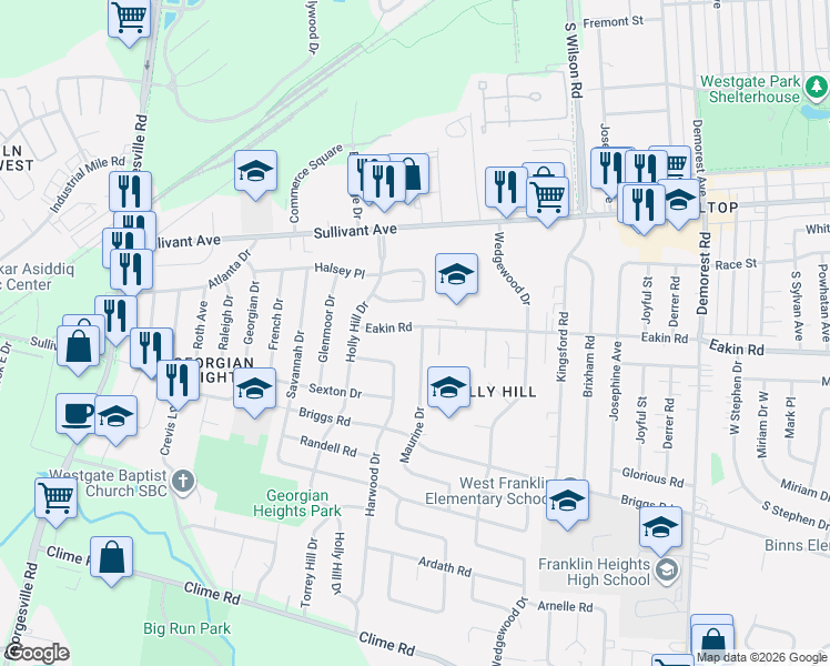 map of restaurants, bars, coffee shops, grocery stores, and more near 3869 Eakin Road in Columbus