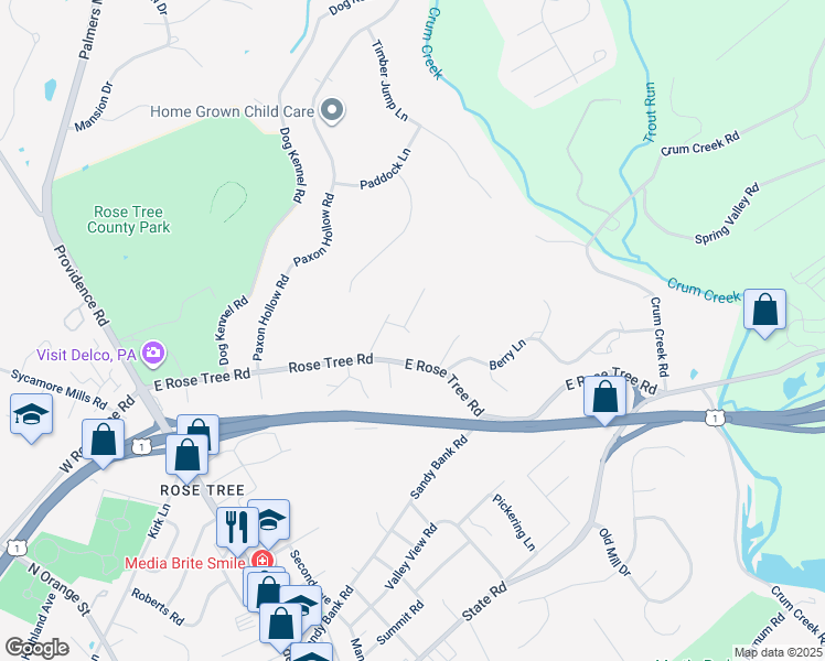 map of restaurants, bars, coffee shops, grocery stores, and more near 1512 Old Orchard Road in Media