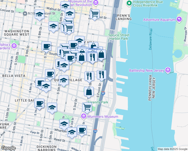 map of restaurants, bars, coffee shops, grocery stores, and more near 139 Pemberton Street in Philadelphia