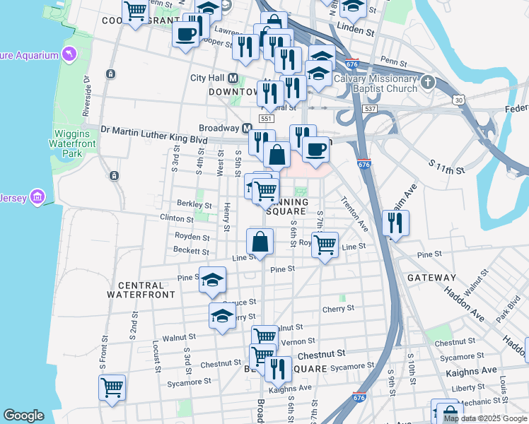 map of restaurants, bars, coffee shops, grocery stores, and more near 451 Broadway in Camden