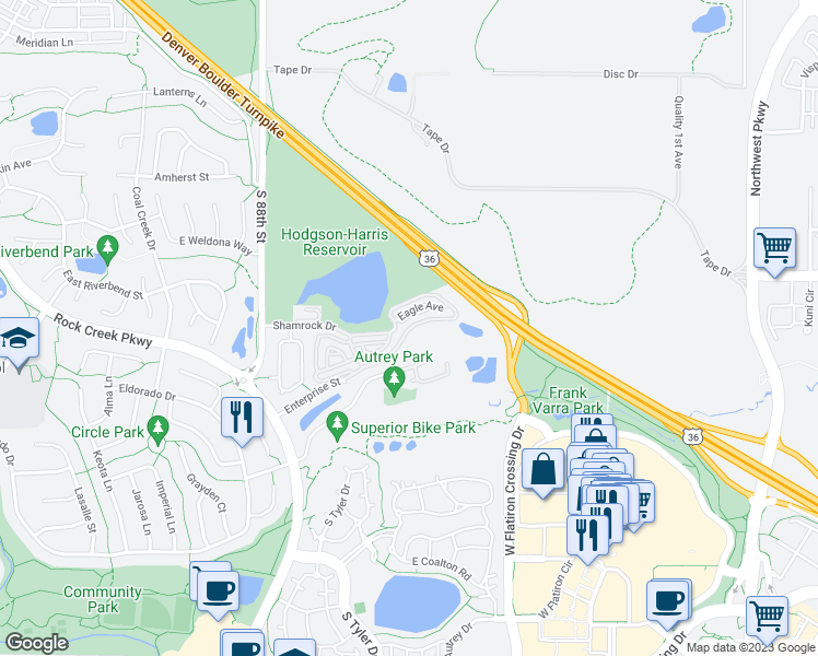 map of restaurants, bars, coffee shops, grocery stores, and more near 2071 Enterprise Street in Superior