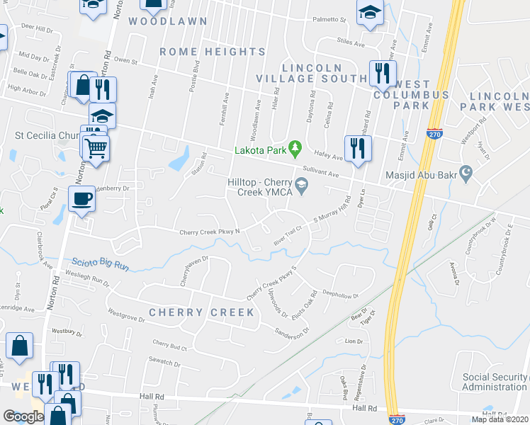 map of restaurants, bars, coffee shops, grocery stores, and more near 4937 Old Tree Avenue in Columbus