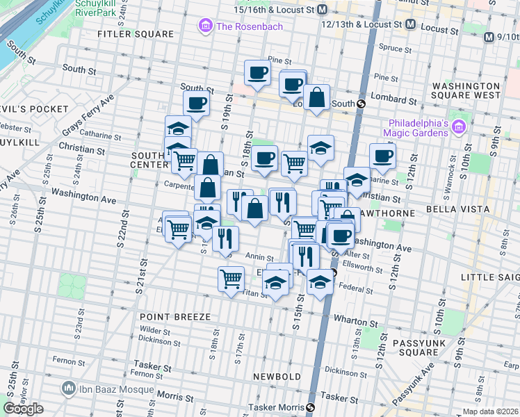 map of restaurants, bars, coffee shops, grocery stores, and more near 1018 South 17th Street in Philadelphia