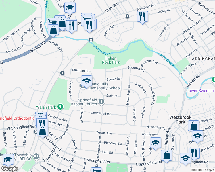 map of restaurants, bars, coffee shops, grocery stores, and more near 418 Claremont Road in Springfield