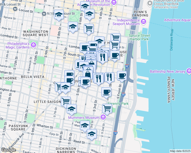 map of restaurants, bars, coffee shops, grocery stores, and more near 321 1/2 Fitzwater Street in Philadelphia