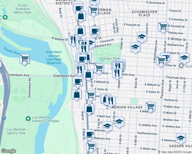 map of restaurants, bars, coffee shops, grocery stores, and more near 1129 City Park Avenue in Columbus