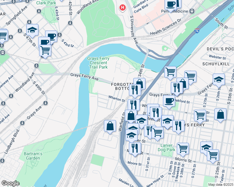 map of restaurants, bars, coffee shops, grocery stores, and more near 1232 South Harmony Street in Philadelphia