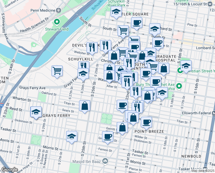 map of restaurants, bars, coffee shops, grocery stores, and more near 2340 Alter Street in Philadelphia