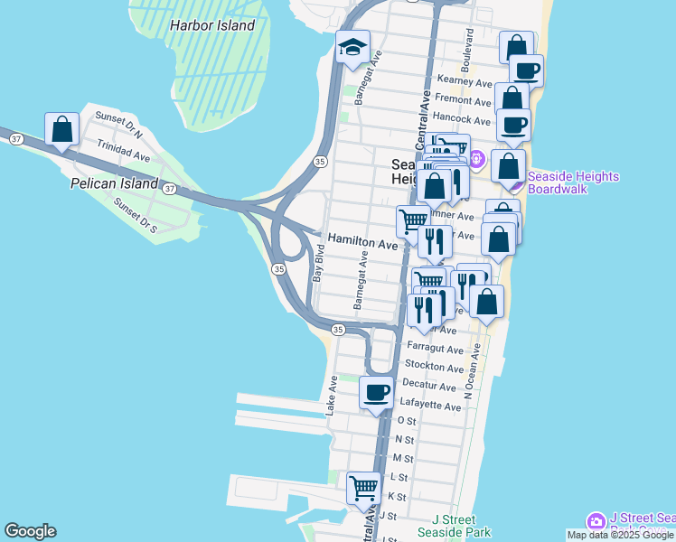 map of restaurants, bars, coffee shops, grocery stores, and more near 325 Lincoln Avenue in Seaside Heights