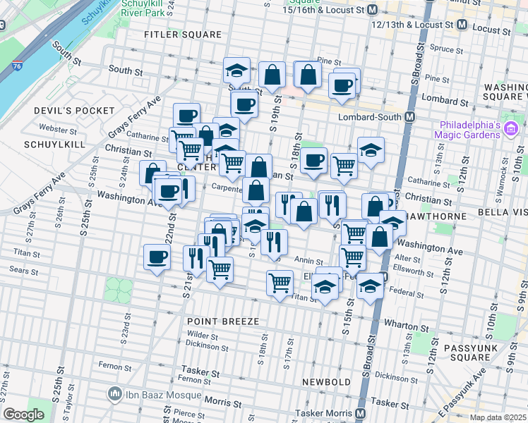 map of restaurants, bars, coffee shops, grocery stores, and more near 1047 Dorrance Street in Philadelphia
