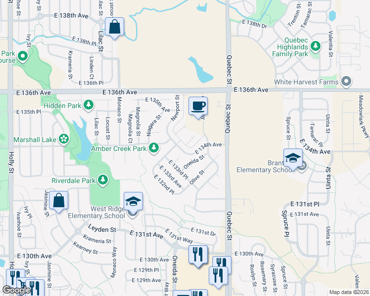 map of restaurants, bars, coffee shops, grocery stores, and more near 13345 Newport Circle in Thornton