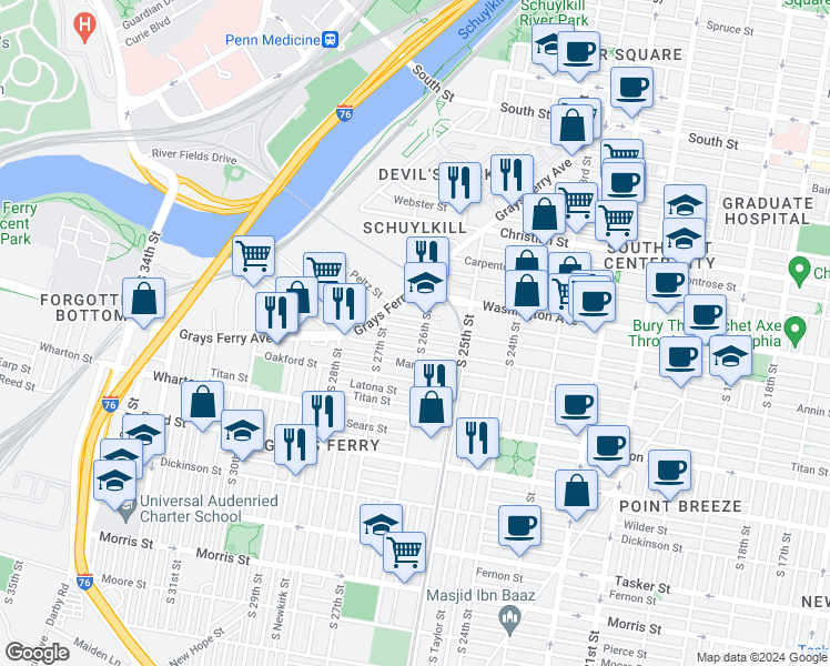 map of restaurants, bars, coffee shops, grocery stores, and more near 2608 Ellsworth Street in Philadelphia