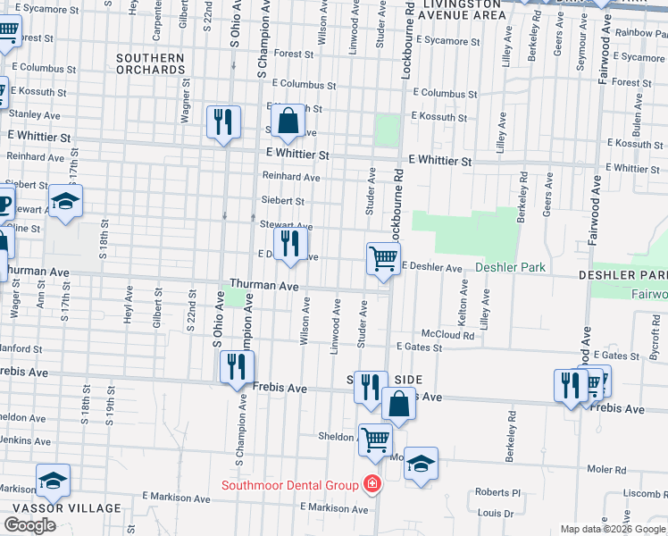 map of restaurants, bars, coffee shops, grocery stores, and more near 1298 Linwood Avenue in Columbus