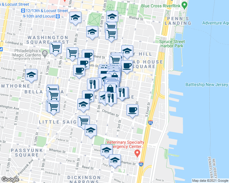 map of restaurants, bars, coffee shops, grocery stores, and more near 741 South 4th Street in Philadelphia