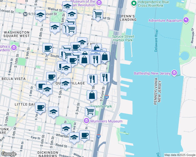 map of restaurants, bars, coffee shops, grocery stores, and more near 135 Pemberton Street in Philadelphia