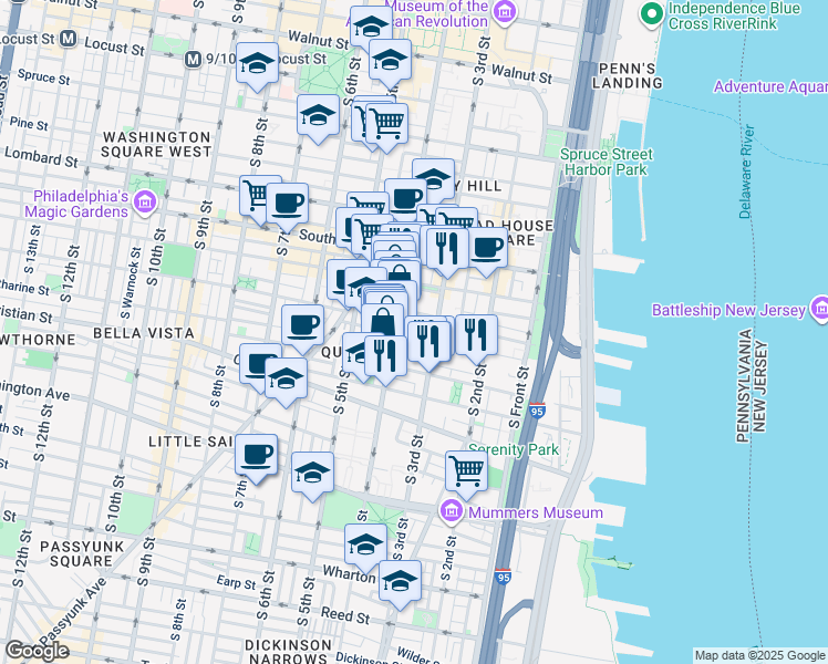 map of restaurants, bars, coffee shops, grocery stores, and more near 321 1/2 Fitzwater Street in Philadelphia