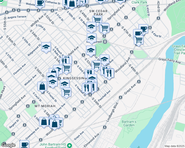 map of restaurants, bars, coffee shops, grocery stores, and more near 5226 Upland Street in Philadelphia