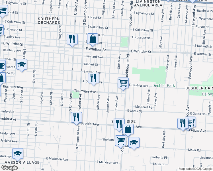 map of restaurants, bars, coffee shops, grocery stores, and more near 1298 Linwood Avenue in Columbus