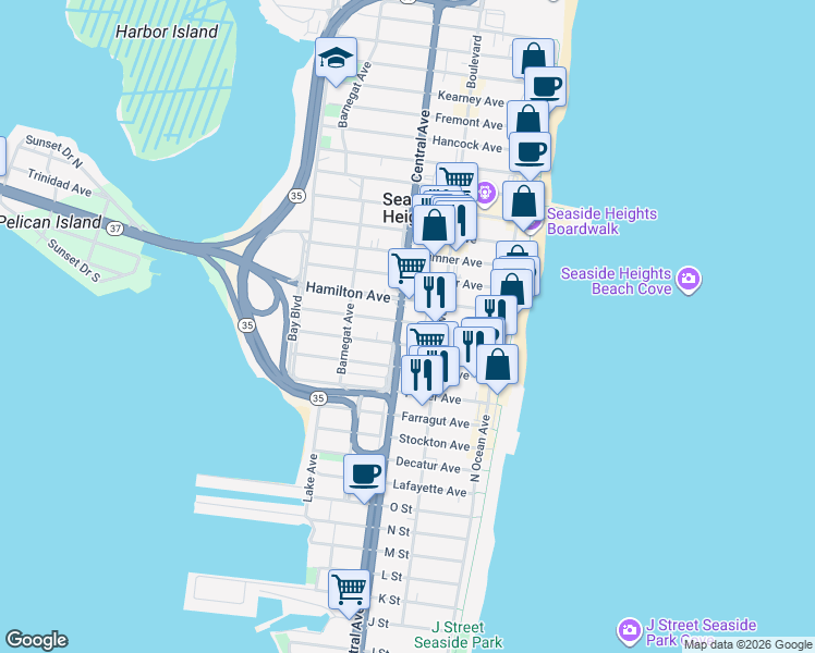 map of restaurants, bars, coffee shops, grocery stores, and more near 133 Franklin Avenue in Seaside Heights