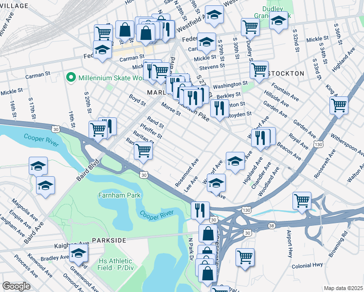 map of restaurants, bars, coffee shops, grocery stores, and more near 535 Pfeiffer Street in Camden