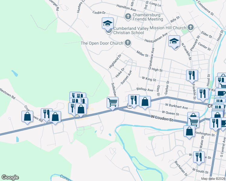 map of restaurants, bars, coffee shops, grocery stores, and more near 117 Sollenberger Road in Chambersburg