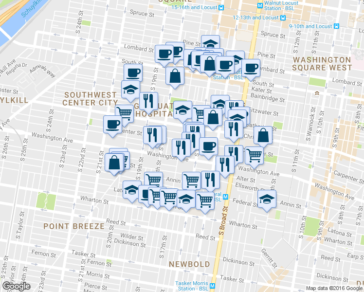map of restaurants, bars, coffee shops, grocery stores, and more near 1013 South 17th Street in Philadelphia