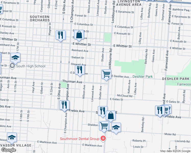 map of restaurants, bars, coffee shops, grocery stores, and more near 1282 Linwood Avenue in Columbus