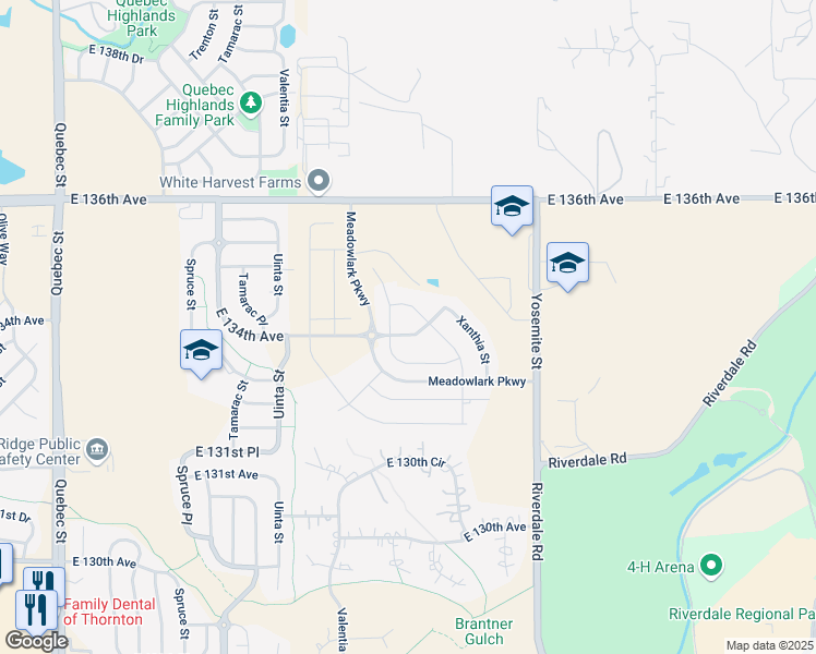 map of restaurants, bars, coffee shops, grocery stores, and more near Verbena Court in Thornton