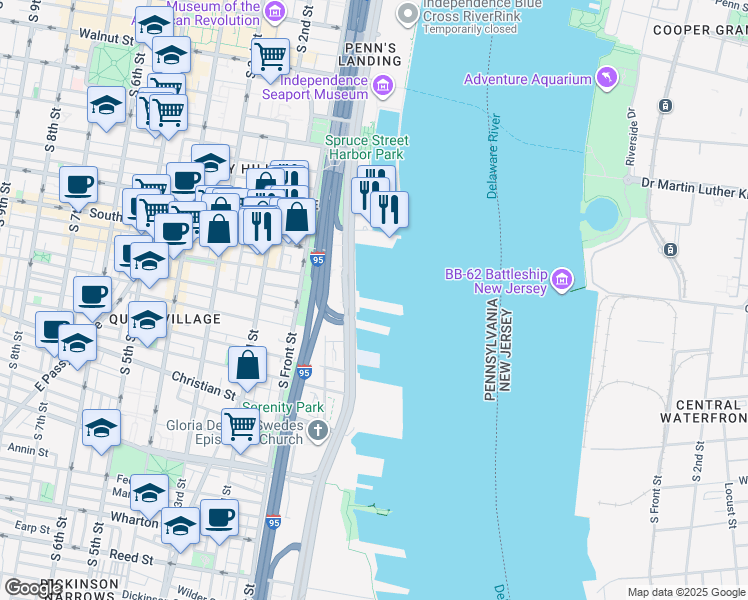 map of restaurants, bars, coffee shops, grocery stores, and more near 717 South Columbus Boulevard in Philadelphia