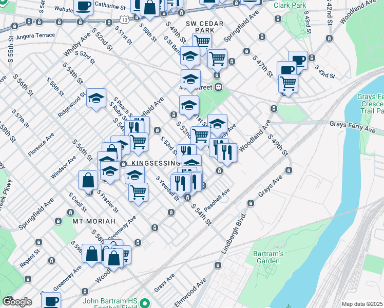 map of restaurants, bars, coffee shops, grocery stores, and more near 5226 Upland Street in Philadelphia