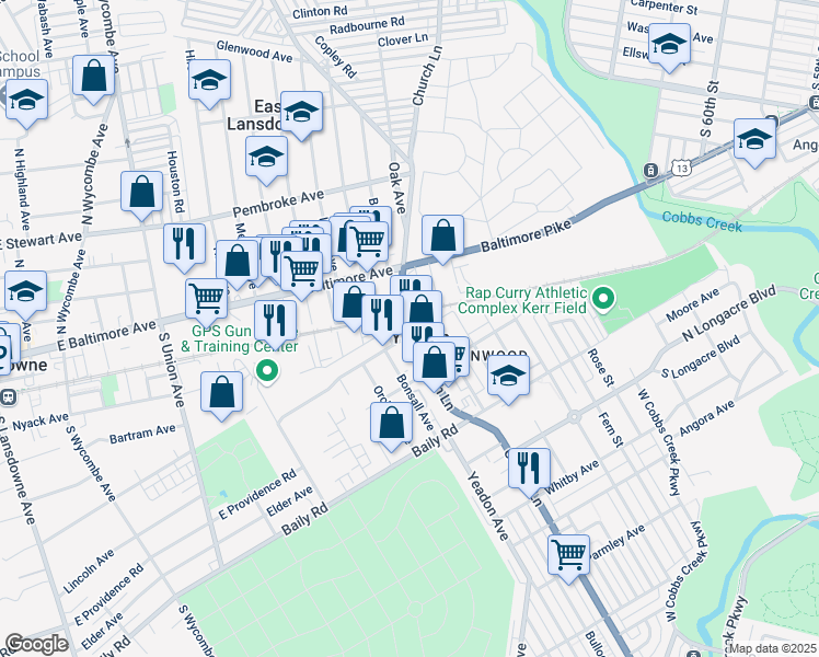 map of restaurants, bars, coffee shops, grocery stores, and more near 663 Penn Street in Yeadon