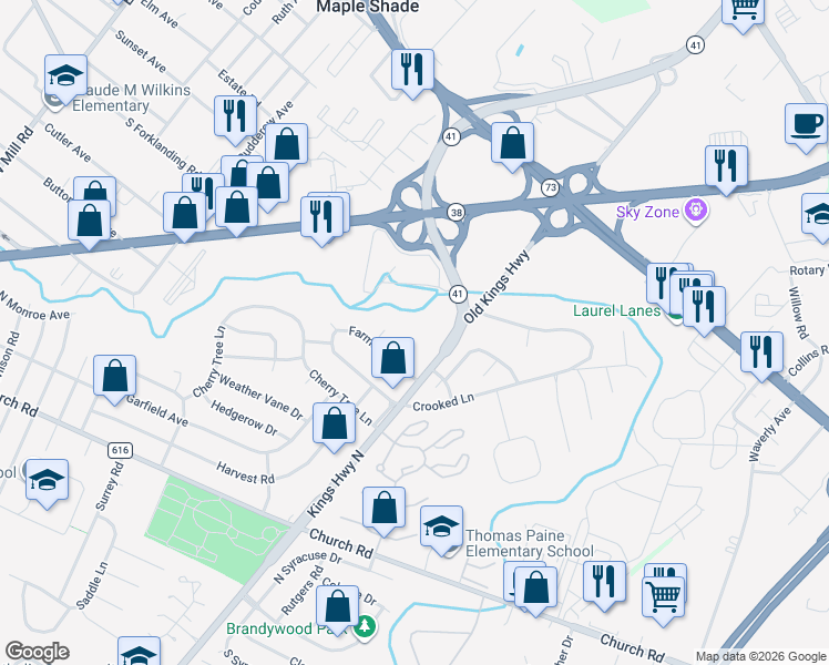 map of restaurants, bars, coffee shops, grocery stores, and more near 14 Kings Highway North in Cherry Hill