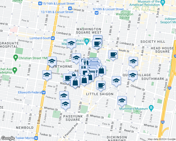map of restaurants, bars, coffee shops, grocery stores, and more near 937 Christian Street in Philadelphia
