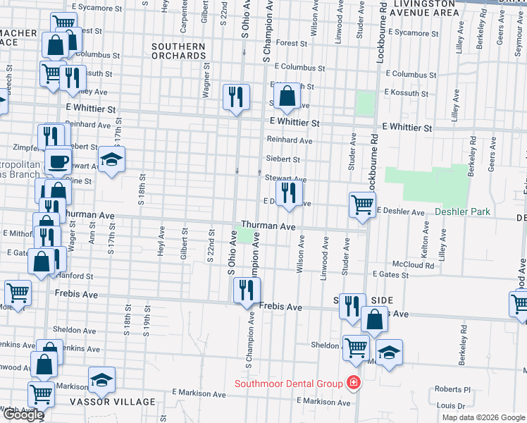 map of restaurants, bars, coffee shops, grocery stores, and more near 1269 South Champion Avenue in Columbus
