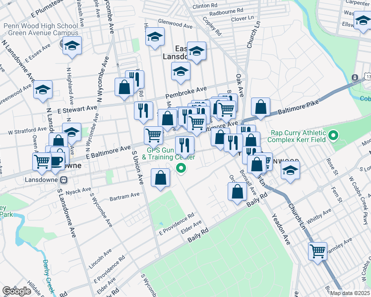 map of restaurants, bars, coffee shops, grocery stores, and more near 508 East Baltimore Avenue in Lansdowne