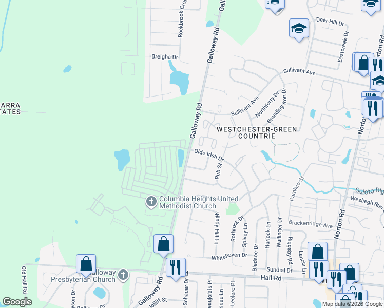 map of restaurants, bars, coffee shops, grocery stores, and more near 475 Olde Irish Drive in Galloway