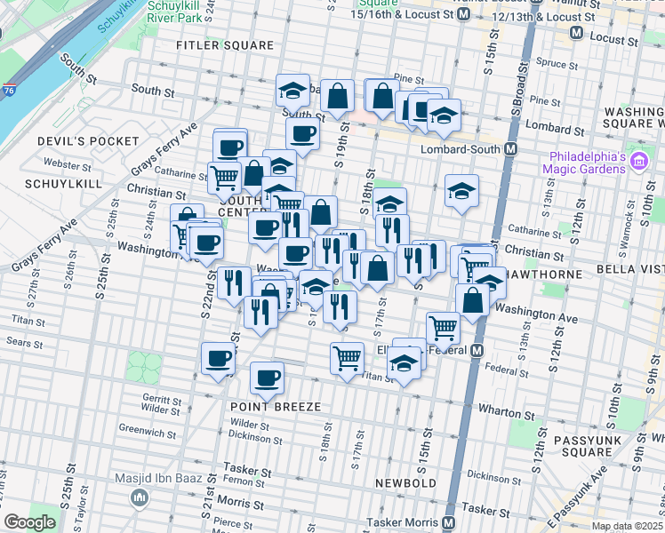map of restaurants, bars, coffee shops, grocery stores, and more near 1032 South Dorrance Street in Philadelphia